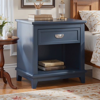 Sunvega Navy Blue Finish Nightstand with Storage Drawer and Lower Shelf