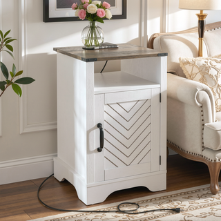 Sunvega White & Oak Farmhouse Nightstand with Electrical Outlets Charging Station and Storage