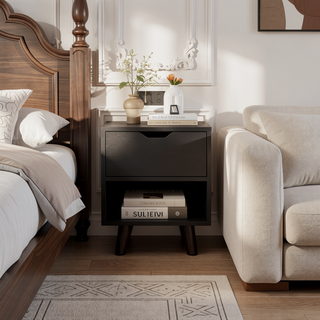 Sunvega Modern Nightstand with Open Shelf and Drawer on Wooden Legs for Bedroom