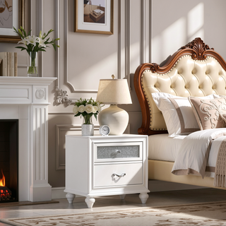 Sunvega White Nightstand with Two Spacious Drawers and Crystal Hardware