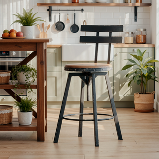 Sunvega Antique Finish Firwood Seat Barstool with Black Brush Silver Metal Frame