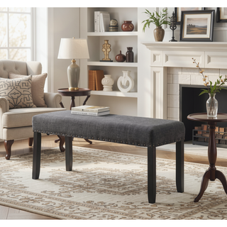 Sunvega Tan Linen and Cotton Fabric Dining Bench with Nailhead Trim