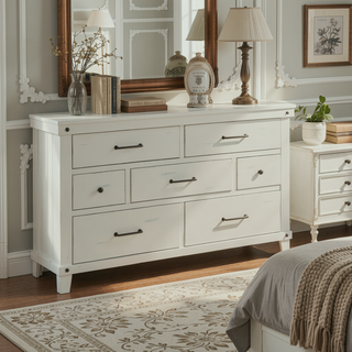 Sunvega 7 Drawer Dresser with Burnished Brass Hardware and Medium Distressing