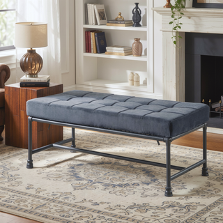 Sunvega Industrial-Inspired Tufted Bench with Grey Velvet Upholstery and Metal Legs