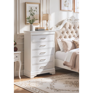 Sunvega Modern White Wood Chest with 5 Drawers and Slat System