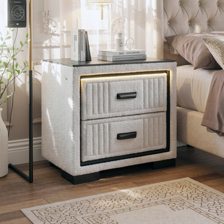 Sunvega Upholstered Frame Nightstand with Spacious Drawers and LED Light
