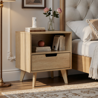 Sunvega Modern Nightstand with Open Cubby Sleek Cutout Drawer and Tapered Legs