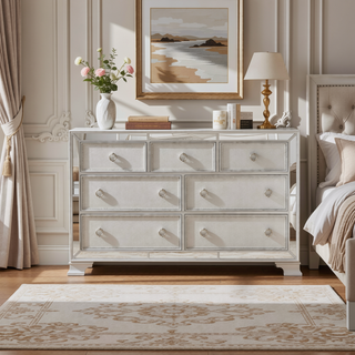 Sunvega Silver Finish 7 Drawer Dresser with Beveled Mirror Trim and Crystal Pulls
