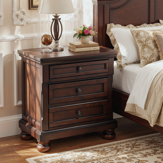 Sunvega Brown Cherry Finish Birch Veneer Nightstand with 2 Dovetail Drawers and Bun Feet