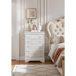 Sunvega Modern Metallic Gray Wood 5-Drawer Chest with Textured Surface and Crystal Knobs
