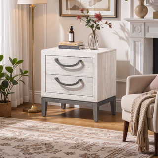 Sunvega Contemporary Sleek Beige White Finish Nightstand with Two Drawer Storage