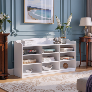 Sunvega White Entryway Organizer Bench with Nine Storage Shelves for Shoes