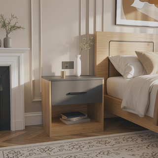 Sunvega Modern Natural Oak and Matt Gray Nightstand with Door and Shelf