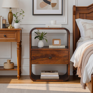 Sunvega Solid Mango Wood Chestnut Finish Nightstand with Drawer and Open Slots