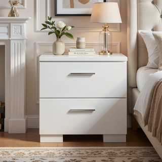 Sunvega Modern White High Gloss Nightstand with 2 Drawers and Chrome Handles