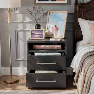 Sunvega Modern Nightstand with Two Spacious Drawers and Metal Handles for Bedroom