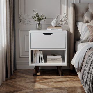 Sunvega Modern Nightstand with Open Shelf and Drawer on Wooden Legs for Bedroom