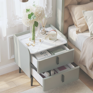 Sunvega Modern Nightstand with 2 Spacious Drawers and Marble-Pattern Tabletop