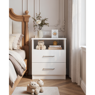Sunvega White Nightstand with Two Drawers and Shelf for Bedroom or Living Room