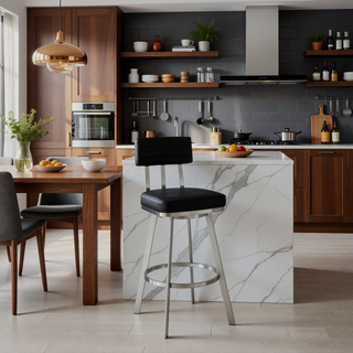 Sunvega Brushed Stainless Steel Swivel Bar Stool with Black Faux Leather Upholstery