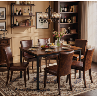 Sunvega Brown Faux Marble Table Top with Black Metal Frame Dining Table
