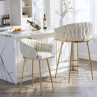 Sunvega Lambswool Fabric Counter Height Bar Stools Set of 2 with Wave Back