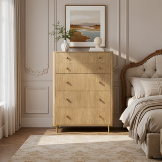 Sunvega Stevie Sand Wash Rectangular 5-Drawer Chest with Felt-Lined Top Drawers