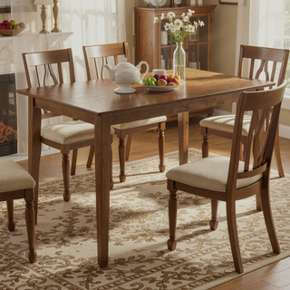 Sunvega Transitional Chestnut Dining Set with Four Tan Microfiber Chairs