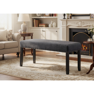 Sunvega Tan Linen and Cotton Fabric Dining Bench with Nailhead Trim