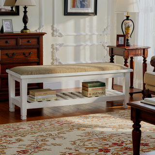 Sunvega Antique White Transitional Storage Bench with Slatted Wood Shelf and Cushion