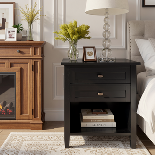 Sunvega Transitional Solid Wood Nightstand with Two Drawers and Lower Shelf