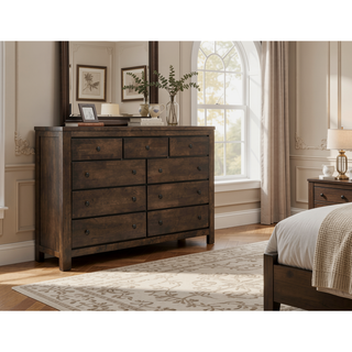 Sunvega Farmhouse Style Brown 9-Drawer Dresser with Wall Anchor Safety Hardware