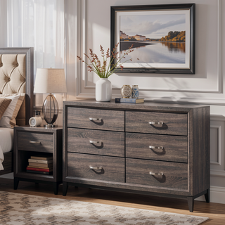 Sunvega Transitional Style 6 Drawer Dresser with Metal Pulls and Black Legs