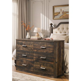 Sunvega Rustic Walnut Finish Six-Drawer Dresser with Brushed Nickel Handles