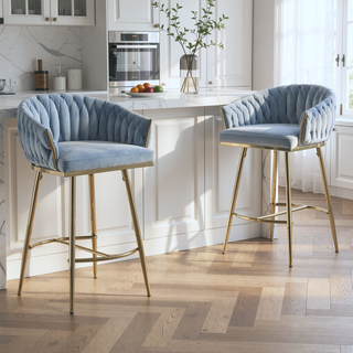 Sunvega Lambswool Fabric Counter Height Bar Stools Set of 2 with Wave Back