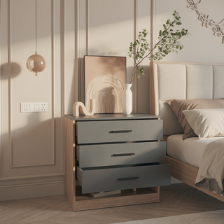 Sunvega Modern Gray and Oak 3 Drawer Dresser with Open Shelf for Bedroom