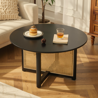 Sunvega 31.5 Inch Round Bohemian Style Solid Wood Coffee Table with PE Cane Stand