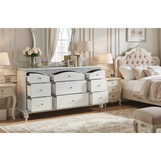 Sunvega Platinum Finish Dresser with Nine Spacious Drawers and Crystal Knobs