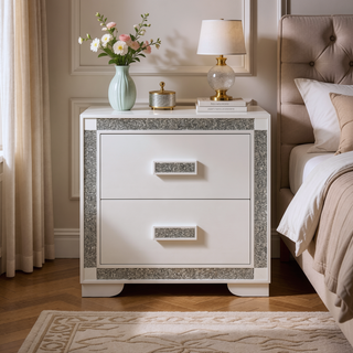 Sunvega White Nightstand with Integrated Speaker Cooler Insert and Glitter Detailing