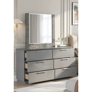 Sunvega White Lacquer Dresser with Six Smooth-Glide Drawers and Marble Accents