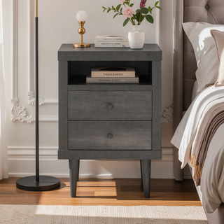Sunvega Mid-Century Modern Nightstand with Two Drawers and Faux Wood Frame