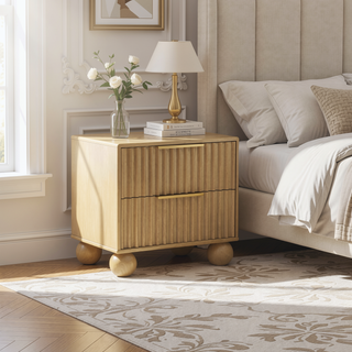 Sunvega Modern Bedroom Nightstand with Fluted Panels and Rounded Bun Feet in Light Oak