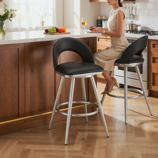 Sunvega 30 Inch Swivel Bar Stool with Black Faux Leather and Brushed Stainless Steel
