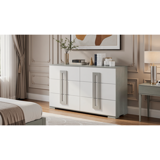 Sunvega Modern White Dresser with Metallic Accents and Six Spacious Drawers