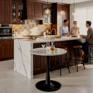 Sunvega Round White Pedestal Side Table with Marble Effect Top for Living Room