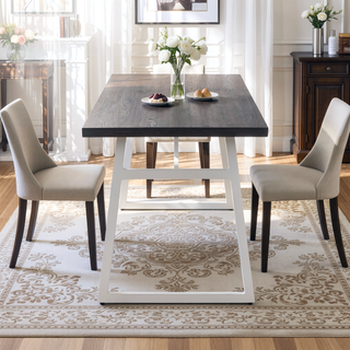 Sunvega Industrial Dining Table with Vintage White Metal Frame and Espresso Wood Top