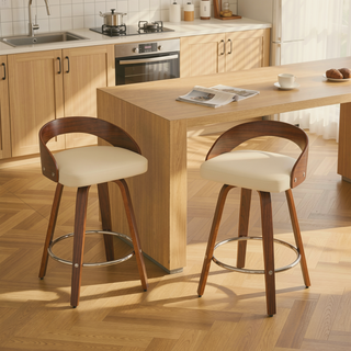 Sunvega Mid-Century Modern Swivel Bar Stools with Soft Cushion Seat and Walnut Finish