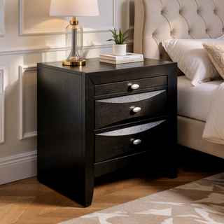 Sunvega Lucille Black Nightstand with Spacious Drawers and Chambered Fronts
