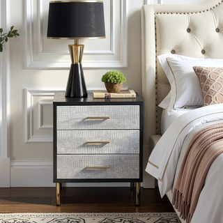 Sunvega Black Silver Gold 3-Drawer Nightstand with Metal Legs and Decorative Patterns