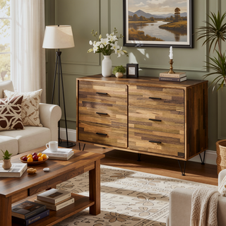 Sunvega Walnut Finish Dresser with Six Spacious Drawers and Storage Headboard